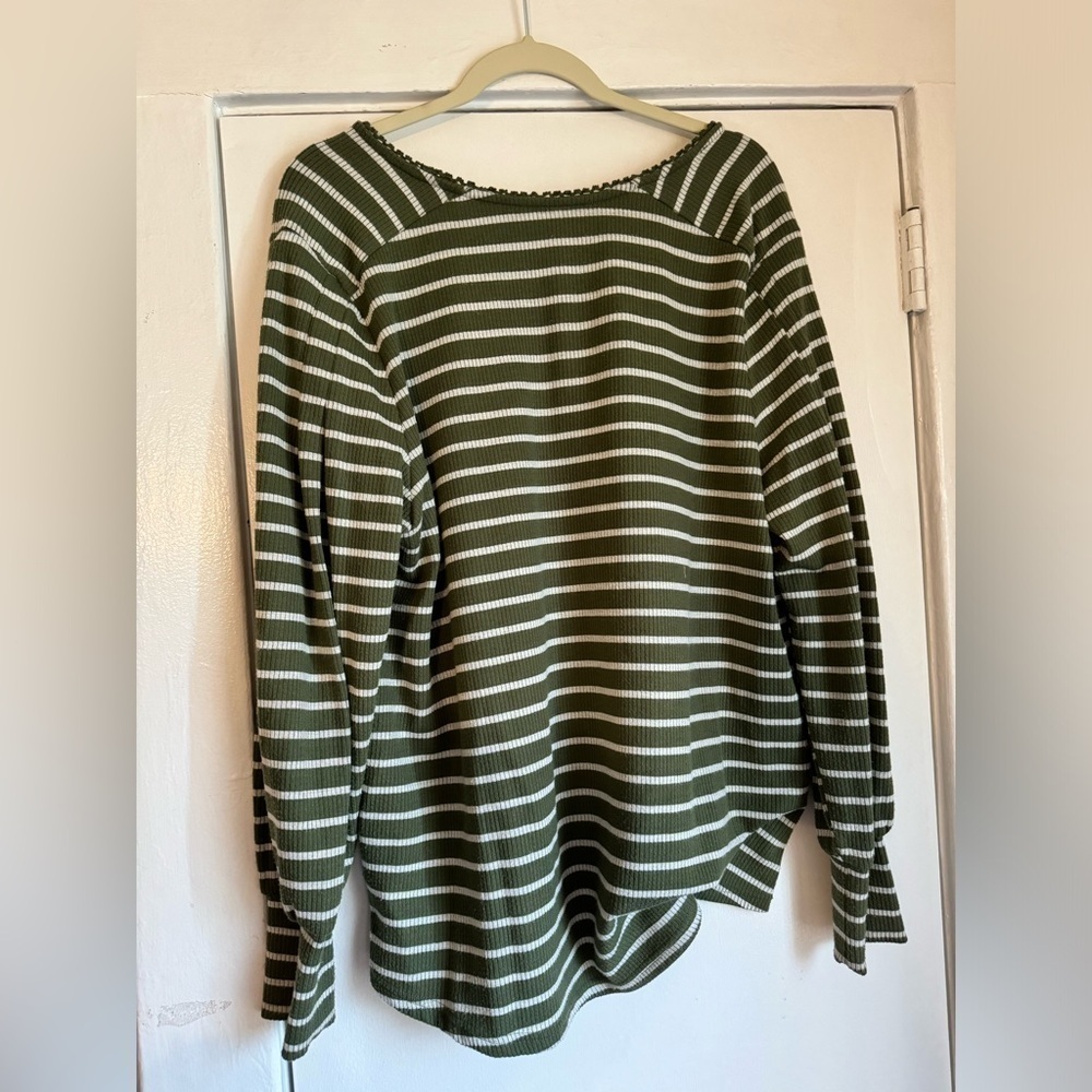 Zac & Rachel Ribbed Blouse Sweater 2X Plus Size Long Sleeve Green Striped - Picture 6 of 7
